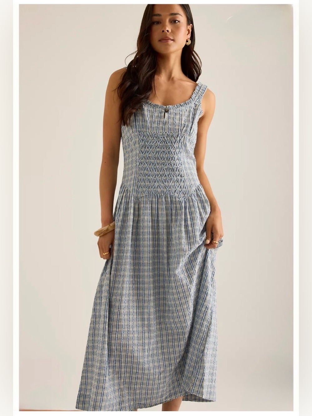 New Damson Madder Mallory Blue Plaid Midi Blue Dress Size 10